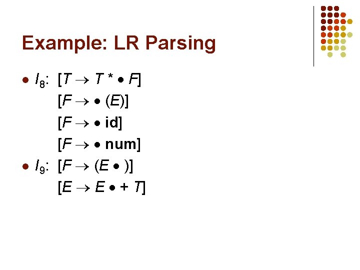 Example: LR Parsing [T T * F] [F (E)] [F id] [F num] I