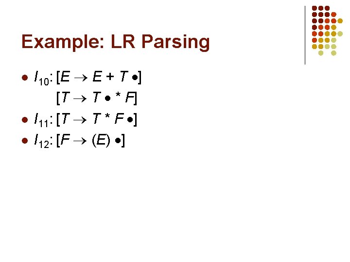 Example: LR Parsing E + T ] [T T * F] I 11: [T
