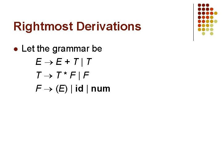 Rightmost Derivations l Let the grammar be E E+T|T T T*F|F F (E) |
