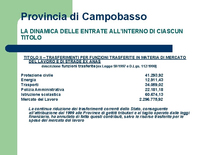 Provincia di Campobasso LA DINAMICA DELLE ENTRATE ALL’INTERNO DI CIASCUN TITOLO II – TRASFERIMENTI