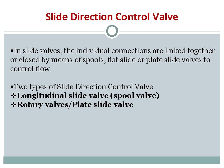Slide Direction Control Valve §In slide valves, the individual connections are linked together or