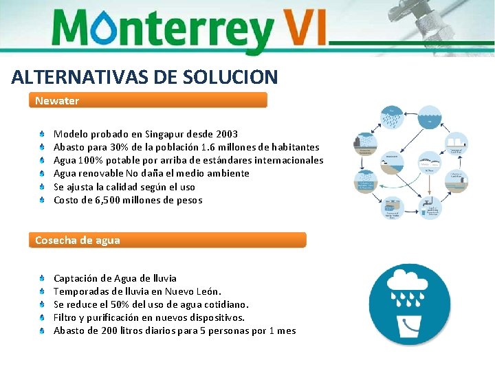 ALTERNATIVAS DE SOLUCION Newater Modelo probado en Singapur desde 2003 Abasto para 30% de