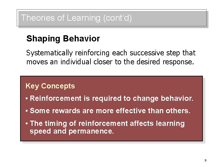 Theories of Learning (cont’d) Shaping Behavior Systematically reinforcing each successive step that moves an