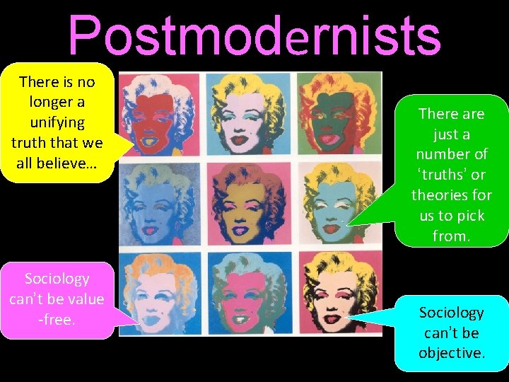 Postmodernists There is no longer a unifying truth that we all believe… Sociology can’t