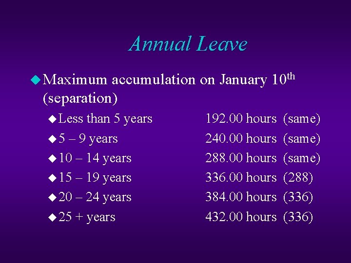 Annual Leave u Maximum accumulation on January 10 th (separation) u Less than 5