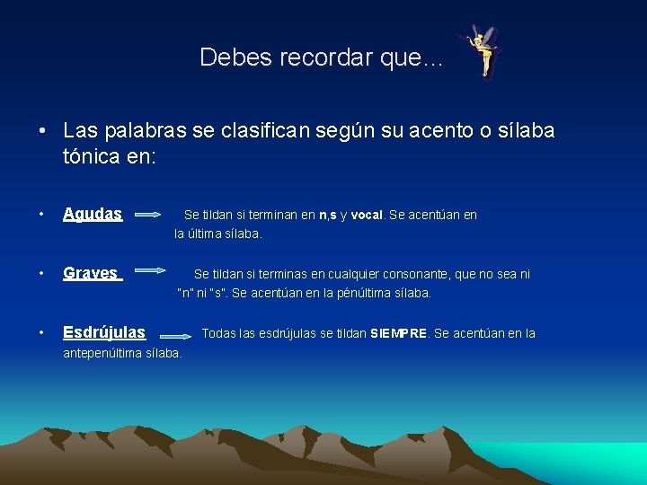Debes recordar que… • Las palabras se clasifican según su acento o sílaba tónica