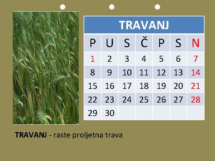 TRAVANJ P U S Č P S N 1 2 3 4 5 6