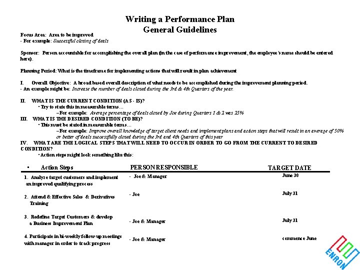 Focus Area: Area to be improved - For example: Successful closing of deals Writing