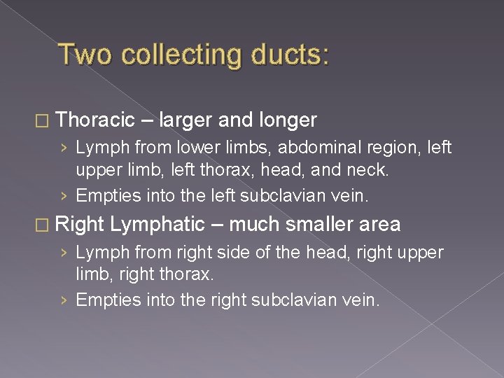 Two collecting ducts: � Thoracic – larger and longer › Lymph from lower limbs,