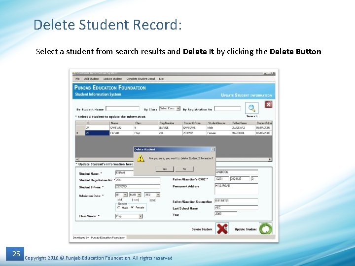 Delete Student Record: Select a student from search results and Delete it by clicking