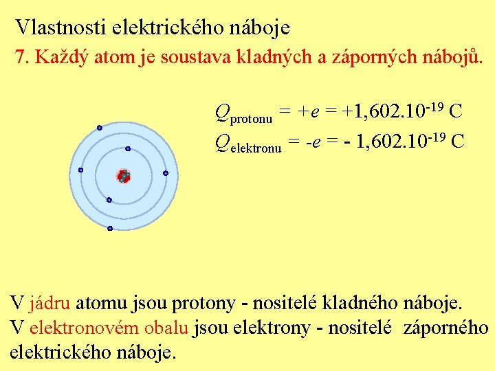 Vlastnosti elektrického náboje 7. Každý atom je soustava kladných a záporných nábojů. Qprotonu =