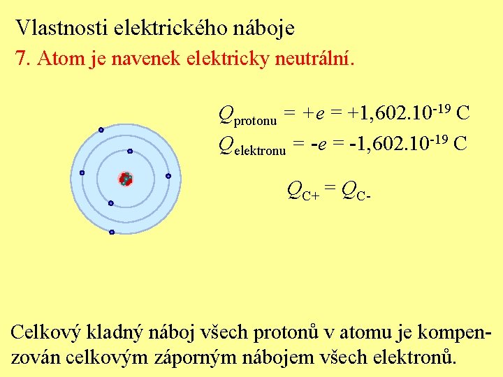 Vlastnosti elektrického náboje 7. Atom je navenek elektricky neutrální. Qprotonu = +e = +1,