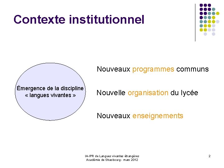 Contexte institutionnel Nouveaux programmes communs Émergence de la discipline « langues vivantes » Nouvelle