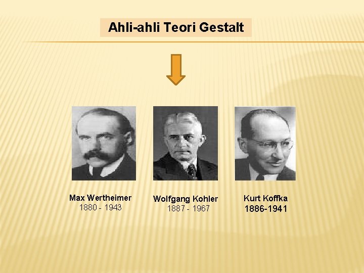 Ahli-ahli Teori Gestalt Max Wertheimer 1880 1943 Wolfgang Kohler 1887 1967 Kurt Koffka 1886