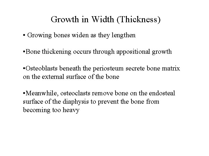 Growth in Width (Thickness) • Growing bones widen as they lengthen • Bone thickening