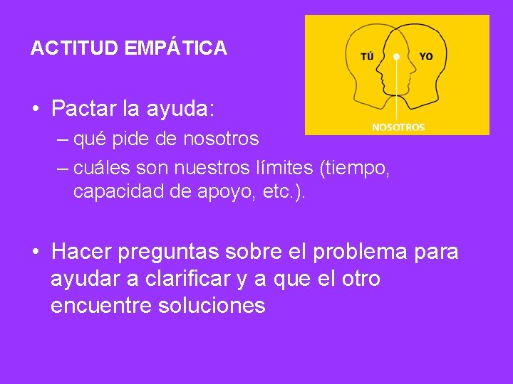 ACTITUD EMPÁTICA • Pactar la ayuda: – qué pide de nosotros – cuáles son