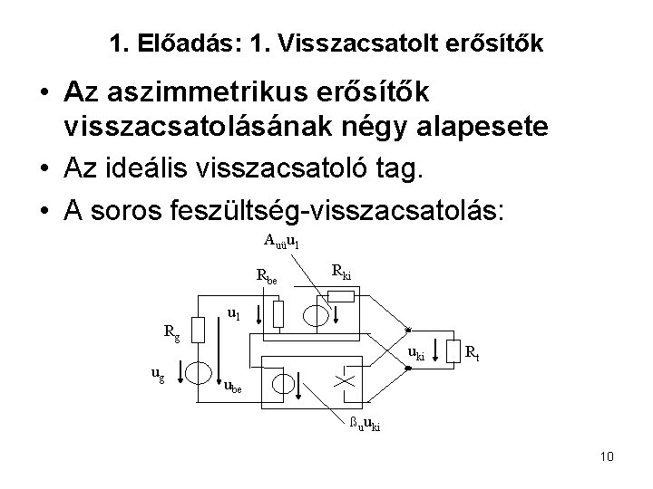 1. Előadás: 1. Visszacsatolt erősítők • Az aszimmetrikus erősítők visszacsatolásának négy alapesete • Az