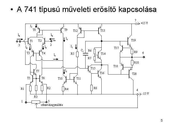  • A 741 típusú műveleti erősítő kapcsolása 7 +15 V I 5 T