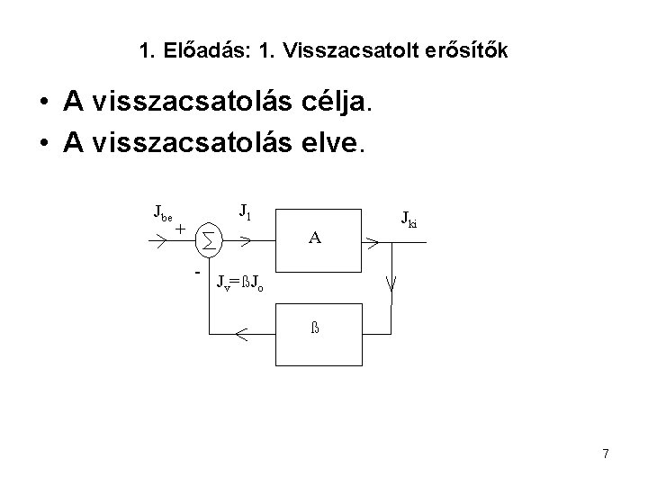 1. Előadás: 1. Visszacsatolt erősítők • A visszacsatolás célja. • A visszacsatolás elve. Jbe