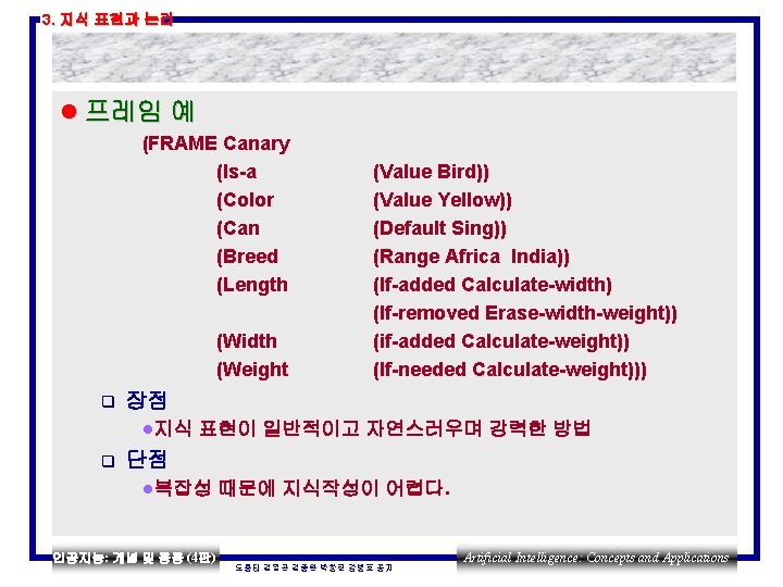 3. 지식 표현과 논리 l 프레임 예 (FRAME Canary (Is-a (Color (Can (Breed (Length