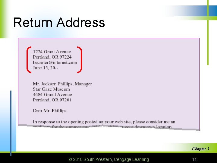 Return Address Chapter 3 © 2010 South-Western, Cengage Learning 11 