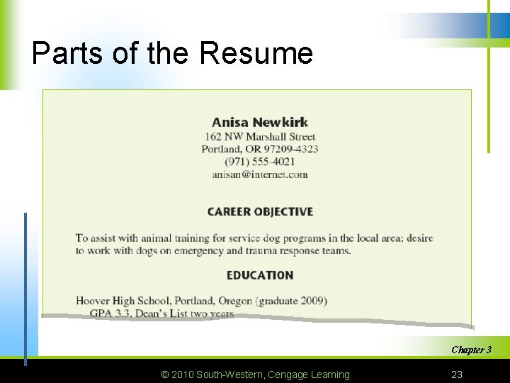 Parts of the Resume Chapter 3 © 2010 South-Western, Cengage Learning 23 
