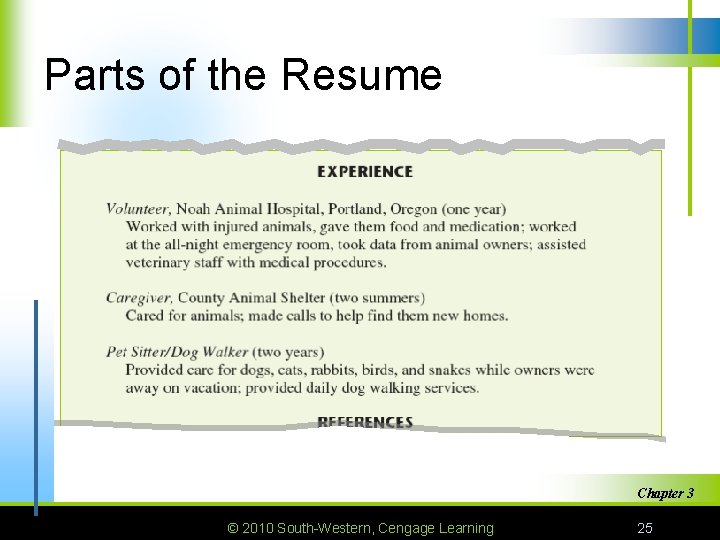 Parts of the Resume Chapter 3 © 2010 South-Western, Cengage Learning 25 