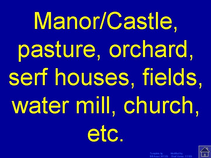 Manor/Castle, pasture, orchard, serf houses, fields, water mill, church, etc. Template by Modified by