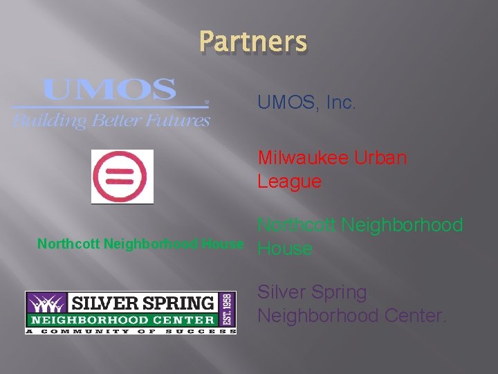 Partners UMOS, Inc. Milwaukee Urban League Northcott Neighborhood House Silver Spring Neighborhood Center. 
