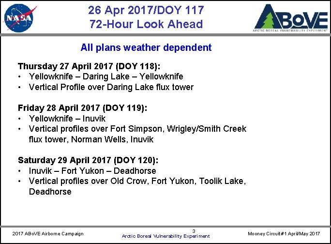 26 Apr 2017/DOY 117 72 -Hour Look Ahead CARVE All plans weather dependent Thursday