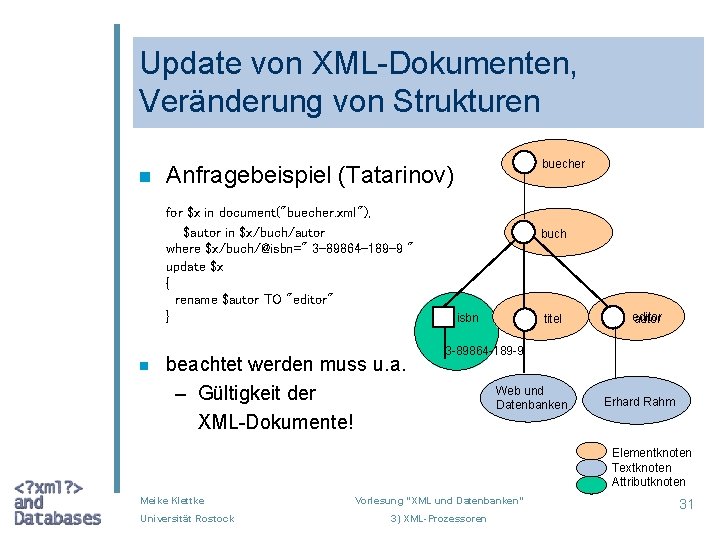 Update von XML-Dokumenten, Veränderung von Strukturen n for $x in document("buecher. xml"), $autor in