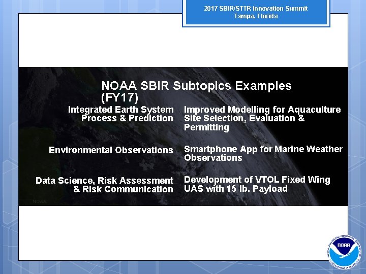 2017 SBIR/STTR Innovation Summit Tampa, Florida NOAA SBIR Subtopics Examples (FY 17) Integrated Earth