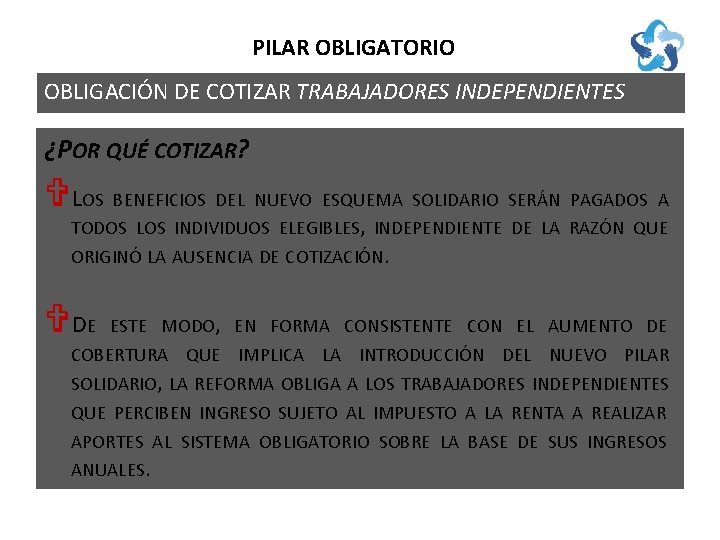 PILAR OBLIGATORIO OBLIGACIÓN DE COTIZAR TRABAJADORES INDEPENDIENTES ¿POR QUÉ COTIZAR? VLOS BENEFICIOS DEL NUEVO