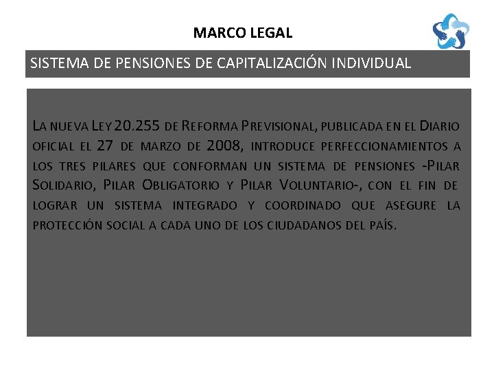 MARCO LEGAL SISTEMA DE PENSIONES DE CAPITALIZACIÓN INDIVIDUAL LA NUEVA LEY 20. 255 DE