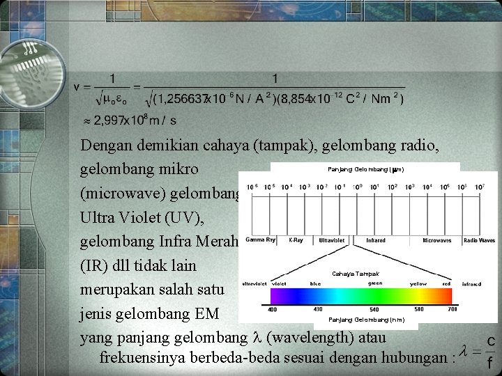 Dengan demikian cahaya (tampak), gelombang radio, gelombang mikro (microwave) gelombang Ultra Violet (UV), gelombang