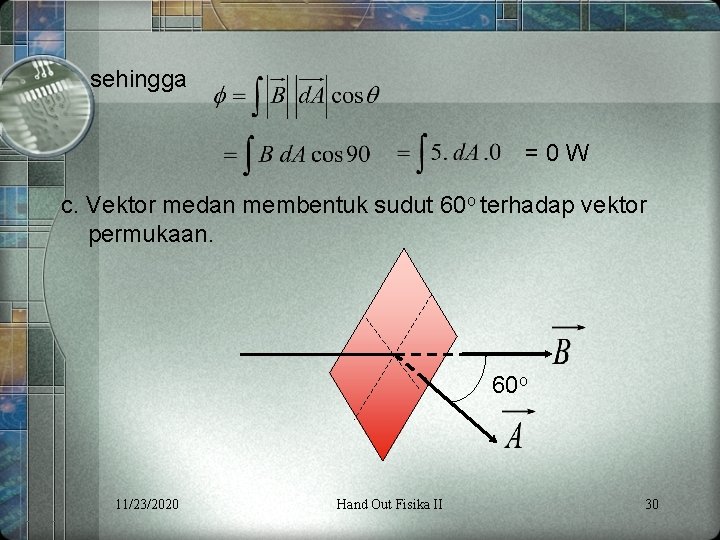 sehingga =0 W c. Vektor medan membentuk sudut 60 o terhadap vektor permukaan. 60