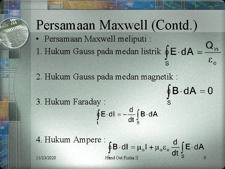 Persamaan Maxwell (Contd. ) • Persamaan Maxwell meliputi : 1. Hukum Gauss pada medan