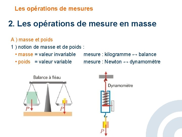 Les opérations de mesures 2. Les opérations de mesure en masse A ) masse