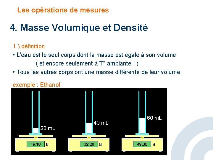 Les opérations de mesures 4. Masse Volumique et Densité 1 ) définition • L’eau