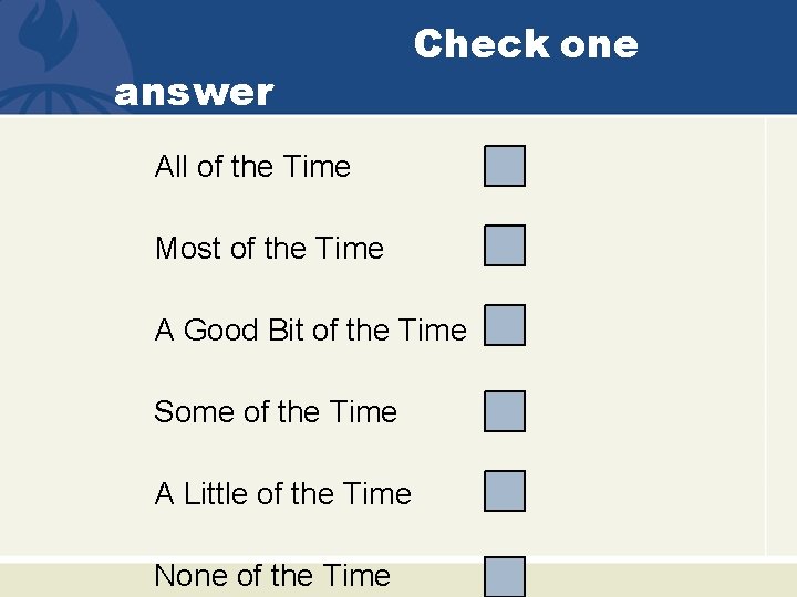 answer Check one All of the Time Most of the Time A Good Bit