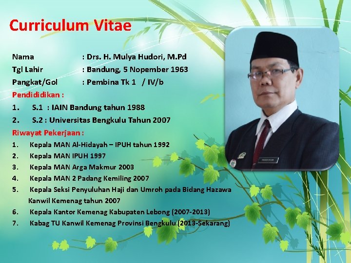 Curriculum Vitae Nama : Drs. H. Mulya Hudori, M. Pd Tgl Lahir : Bandung,