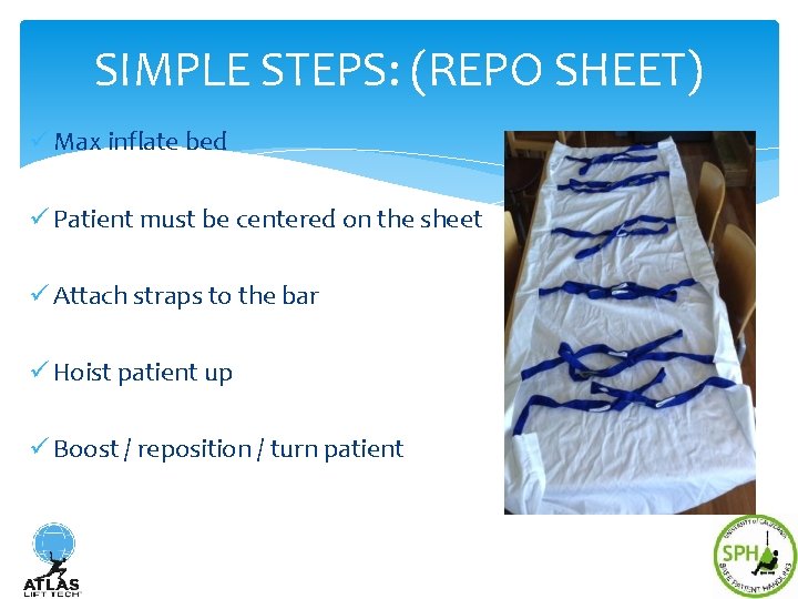 SIMPLE STEPS: (REPO SHEET) ü Max inflate bed ü Patient must be centered on