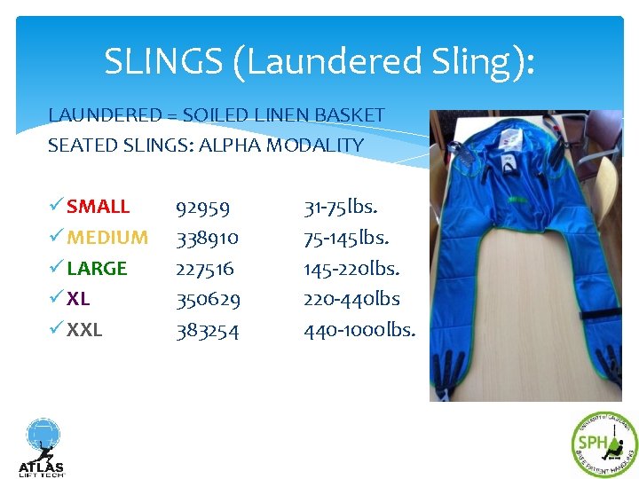 SLINGS (Laundered Sling): LAUNDERED = SOILED LINEN BASKET SEATED SLINGS: ALPHA MODALITY ü SMALL