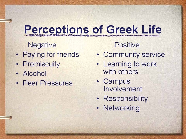 Perceptions of Greek Life • • Negative Paying for friends Promiscuity Alcohol Peer Pressures