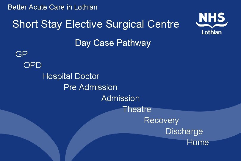 Better Acute Care in Lothian Short Stay Elective Surgical Centre Day Case Pathway GP