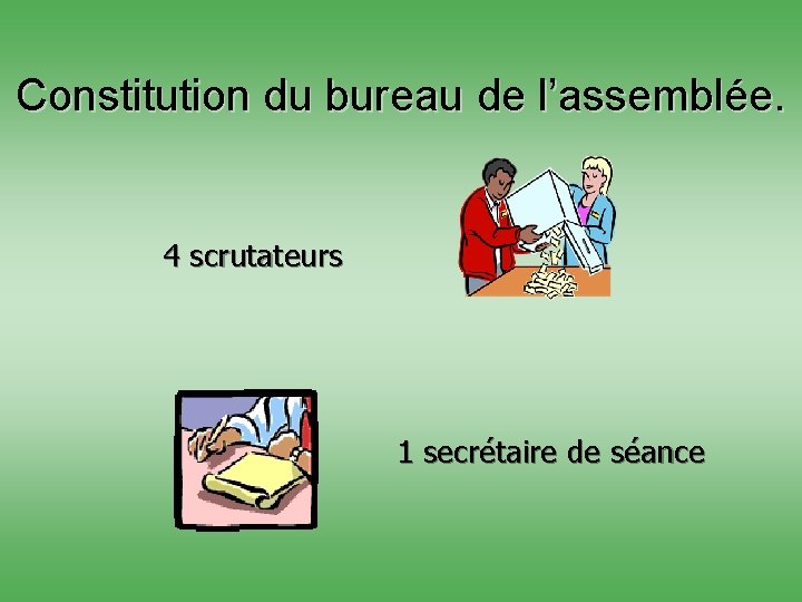 Constitution du bureau de l’assemblée. 4 scrutateurs 1 secrétaire de séance 