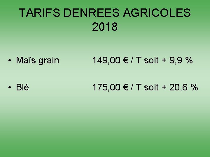 TARIFS DENREES AGRICOLES 2018 • Maïs grain 149, 00 € / T soit +