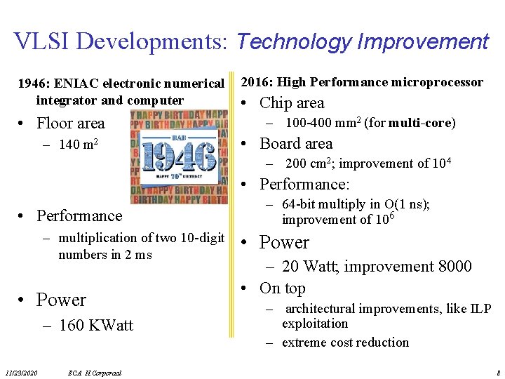 VLSI Developments: Technology Improvement 1946: ENIAC electronic numerical integrator and computer • Floor area