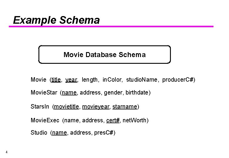 Example Schema Movie Database Schema Movie (title, year, length, in. Color, studio. Name, producer.