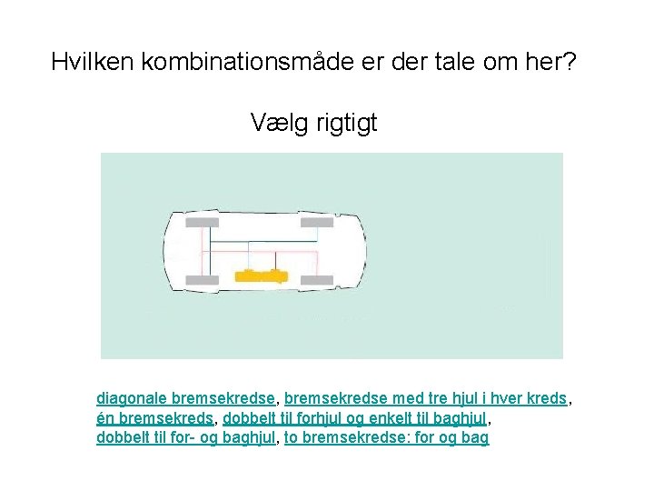Hvilken kombinationsmåde er der tale om her? Vælg rigtigt diagonale bremsekredse, bremsekredse med tre